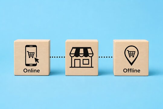 Wooden blocks showing online to offline retail connection with shopping cart icons