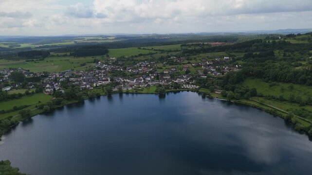 High Panoramic Shot of Lakeside Village Schalkenmehren