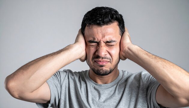 A man looking stressed, squeezing his eyes shut and covering his ears tightly with both hands to block out loud noises.