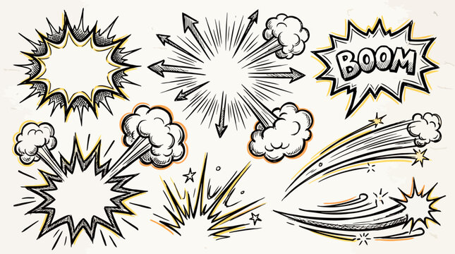 Comic Book Explosion Hand Drawn Action Elements Retro Set