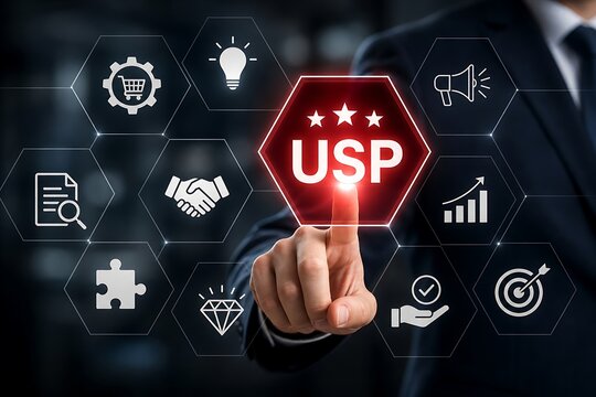 Businessman touching a virtual screen with unique selling proposition usp concept
