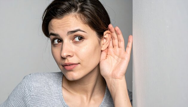 A curious person holding their hand cupped behind their ear, leaning in tightly against a wall to eavesdrop on a conversation.