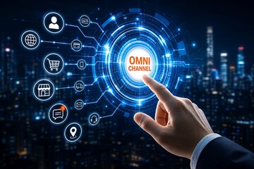 Obraz premium Businessman touching digital screen with omni channel marketing strategy icons display