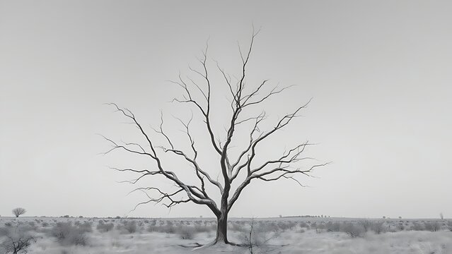 A stark, leafless tree with twisted branches against a gray sky in a dry field.