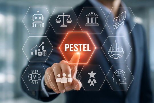 Businessman touching pestel business analysis model on a futuristic digital interface