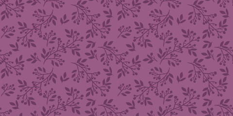 Delicate seamless pattern featuring dark purple leafy branches with small berries on soft mauve background. Stylish botanical vector illustration perfect for wallpapers, textiles and packaging. © Alena