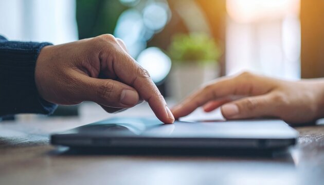 A close-up of a hand navigating with a wireless trackpad device surface