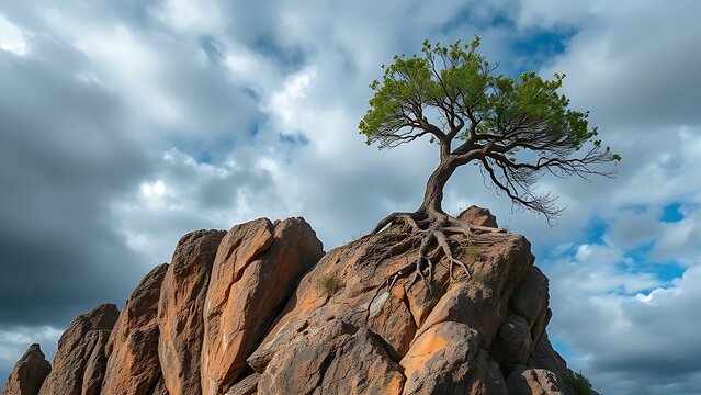 A lone tree growing at an angle from a cliff edge, dramatic sky background.