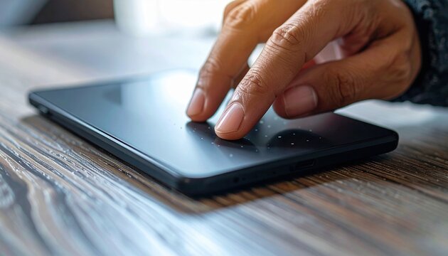 A close-up of a hand navigating with a wireless trackpad device surface