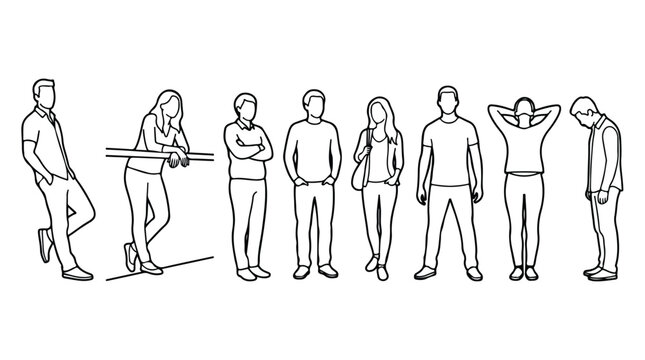 Minimalist line art people collection, set of 8 standing human figures in outline style, casual men and women silhouettes for architectural rendering