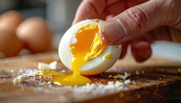 A close-up of a hand peeling a fresh hard-boiled chicken egg