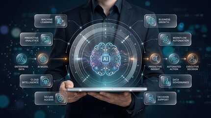 Obraz premium Machine learning workflow automation interface with glowing cybernetic brain and predictive enterprise data analytics
