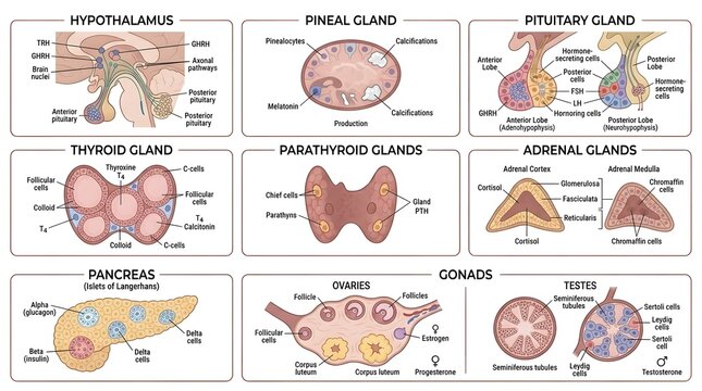 Detailed anatomical illustration of human endocrine glands.