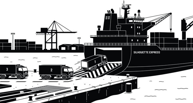Industrial commercial sea port with cargo roro ship unloading delivery semi trucks on dock harbor terminal vector