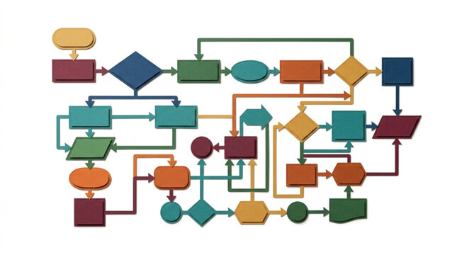 Detailed flowchart diagram with various shapes and colors illustrating a complex process or system concept