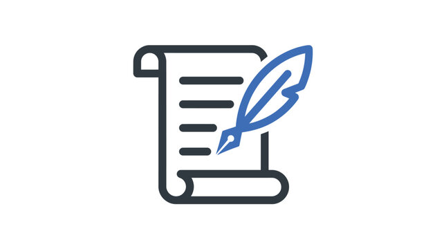 Minimalist vector icon featuring a stylized blue feather quill pen resting on a scroll document