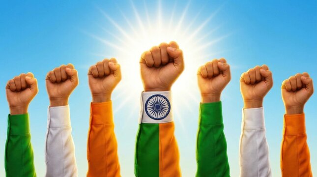 Happy indian independence day 15 august diverse hands raised with tiranga celebrating freedom and national pride