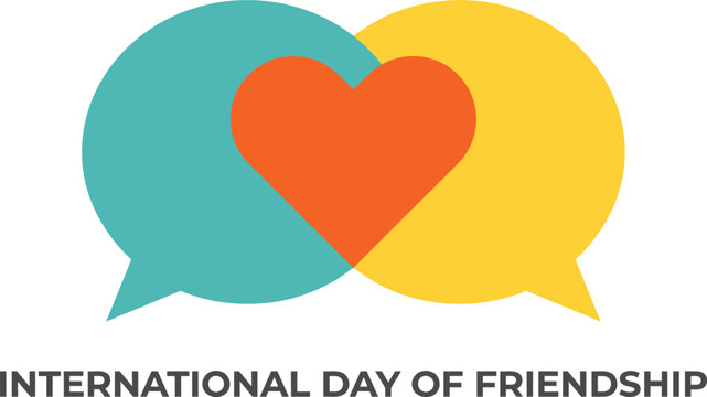 Vibrant vector illustration featuring two overlapping speech bubbles in teal and yellow colors with a bright orange heart shape in the center representing unity for the international day of friendship
