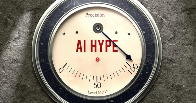 Ai Hype  meter that is hitting a full scale, showing rising levels of ai hype, overload of it, too much of it. Maximum value, off the charts.
