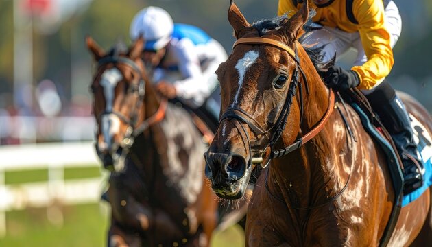 Close up of two racehorses and jockeys competing in a thrilling horse race on a sunny day.
