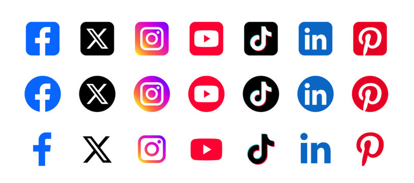 Social media logo icons. Complete collection of round and square vector logos for Facebook, X, Instagram, YouTube, TikTok, LinkedIn and Pinterest.