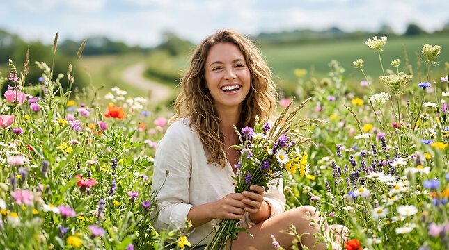Happy woman holding a bouquet of wildflowers in a meadow
