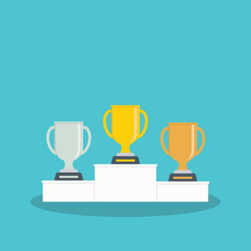Golden, silver and bronze metallic trophy cups on a podium. Vector illustration