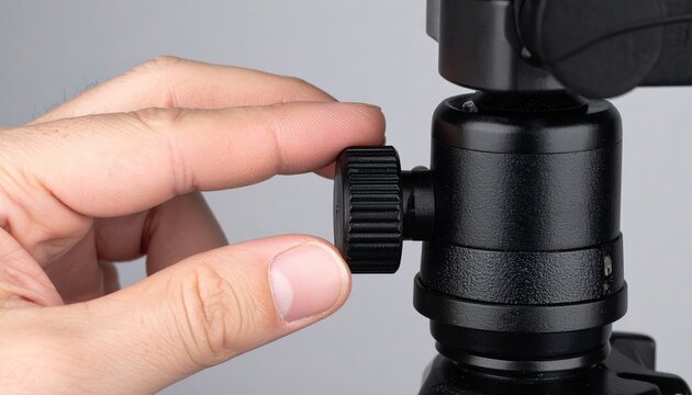 A close-up of a hand adjusting a camera tripod pan handle knob