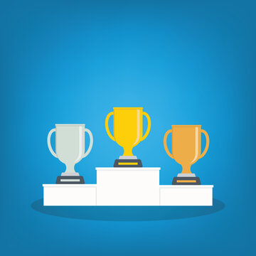 Golden, silver and bronze metallic trophy cups on a podium. Vector illustration