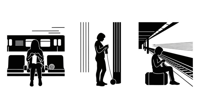 Silhouettes of people waiting at a train station.