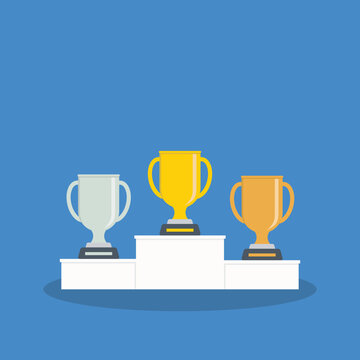 Golden, silver and bronze metallic trophy cups on a podium. Vector illustration