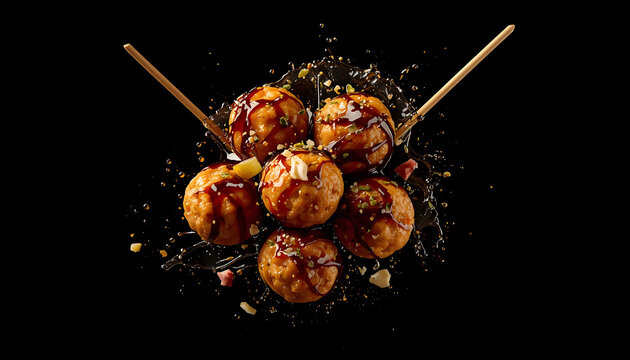 Grilled Meatballs on Skewers with Sauce and Spices on Black Background