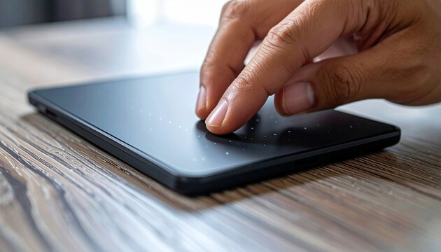 A close-up of a hand navigating with a wireless trackpad device surface area