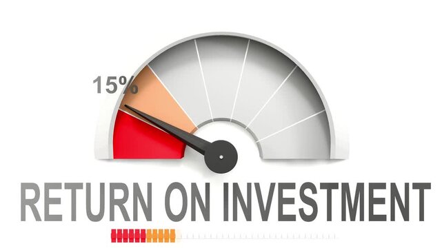 Return on investment meter showing falling values of return on investment. Diminishing to minimum, reaching zero, below the norm. Lack of return on investment. No AI, made by humans for humans.