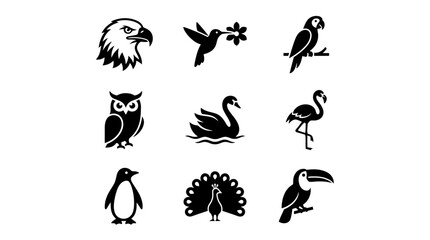 Obraz premium Wildlife and Nature Black White Glyph Icons: Collection of Various Bird Species Silhouettes Set
