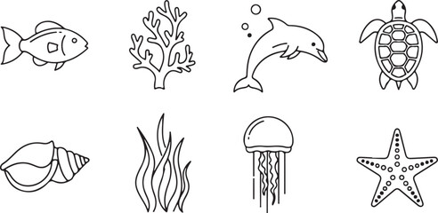 Ocean animals icon set, marine life collection, sea creatures vector icons, underwater wildlife symbols, aquatic animals © CreatAr8