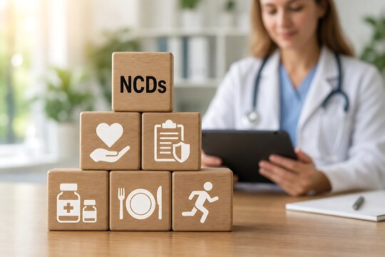 Doctor using tablet with wooden blocks showing icons for non-communicable diseases care