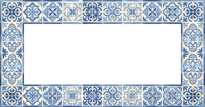 Decorative rectangular frame with blue and white Mediterranean ceramic tile patterns and vintage weathered border design vector
