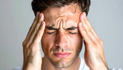 Fototapeta premium A man pressing his fingers hard against his throbbing temples, eyes squeezed shut in pain from a severe migraine headache.