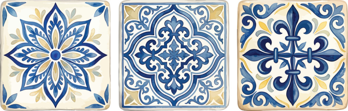 Set of three decorative square tiles with blue and yellow floral geometric patterns in watercolor vector style