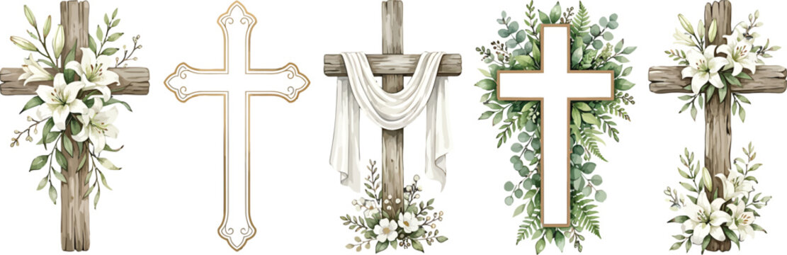 Set of religious crosses decorated with white lilies and greenery for easter and christian holiday design elements