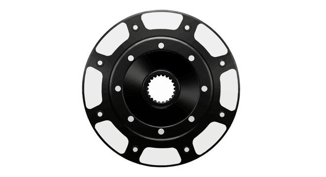 Black anodized aluminum clutch disc with splined center, industrial automotive part