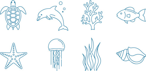 Ocean animals icon set, marine life collection, sea creatures vector icons, underwater wildlife symbols, aquatic animals © CreatAr8