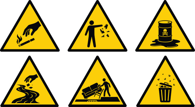 Industrial Hazard and Environmental Warning Sign Icon Set Featuring Cigarette Disposal Littering Toxic Spill Water Pollution Fly Tipping and Overflowing Trash Bin Labels