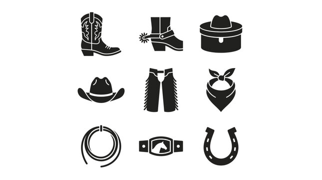Western Cowboy Icons Set: Boot, Hat, Chaps, Bandana, Rope, Horseshoe, Belt, Spur