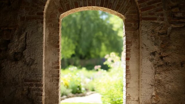serene outdoor garden with arched stone structure and greenery. natural and peaceful setting with wooden elements and blooming flowers. static view from outside.