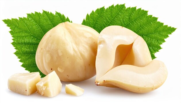 Blanched hazelnut with pieces: A blanched skinless hazelnut, a halved hazelnut, and broken pieces with a green leaf, isolated on white.