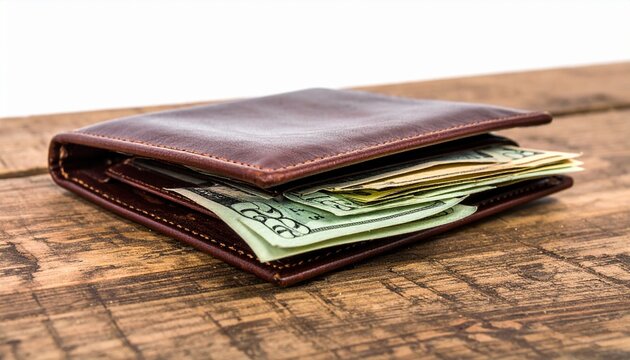 A close-up studio shot focusing purely on a brown leather wallet sitting on a wooden table, revealing several twenty-dollar bills inside, isolated on white.