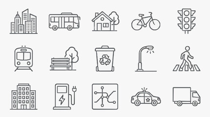 Fototapeta premium Minimalist Black and White Line Icons Set Featuring Urban Life Transportation Infrastructure and Services