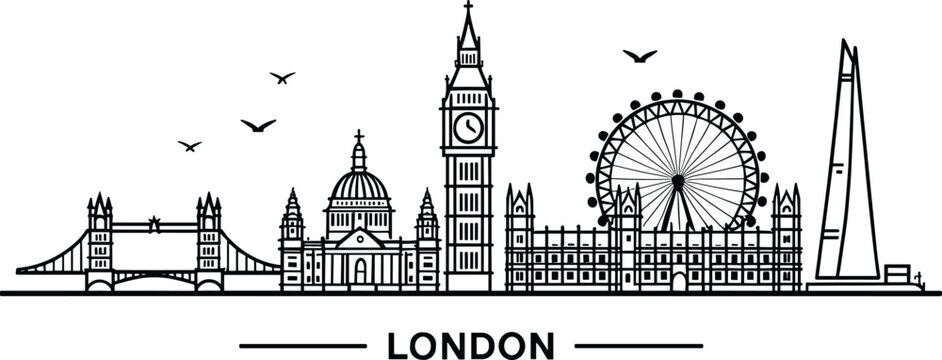 London city skyline horizontal banner with famous landmarks tower bridge big ben eye and cathedral outline vector